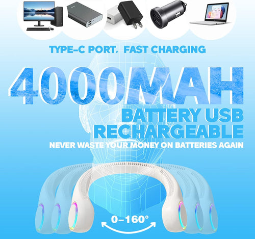 ITSHINY Ventilador de Cuello, Mini Ventilador Portatil, Ventilador Cuello Sin Aspas, Ventilador USB Recargable Bateria 4000 mAh con Ajustable 3 Velocidades Luz LED para Viajes Deporte Oficina Hogar