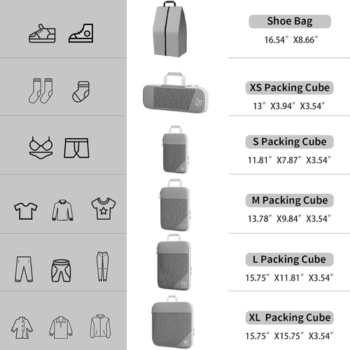 Organizador Maleta Bolsas Organizadoras Maleta, 6 Piezas Compression Packing Cubes, Gris Ultraligero Extensible Organizador Maleta Viaje para Guardar Ropa Mientras Viaja y en Casa
