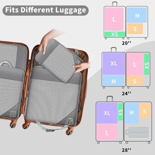 Organizador Maleta Bolsas Organizadoras Maleta, 6 Piezas Compression Packing Cubes, Gris Ultraligero Extensible Organizador Maleta Viaje para Guardar Ropa Mientras Viaja y en Casa