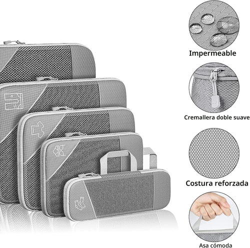 Organizador Maleta Bolsas Organizadoras Maleta, 6 Piezas Compression Packing Cubes, Gris Ultraligero Extensible Organizador Maleta Viaje para Guardar Ropa Mientras Viaja y en Casa